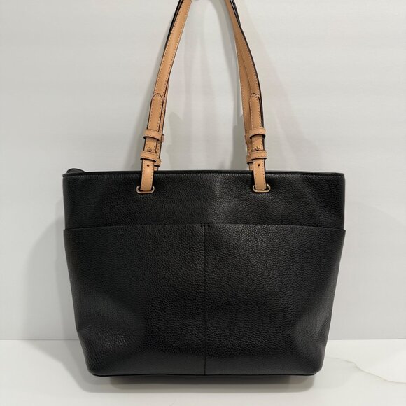 Michael Kors Bedford Medium Pebbled Leather Pocket Tote Handbag Black Tan Straps - Picture 9 of 12